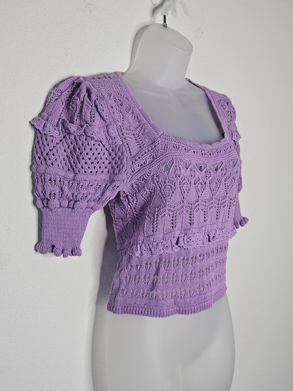 Zara Purple Boho Crochet Open Knit Puff Sleeve Eyelet Ruffle Top Size Small